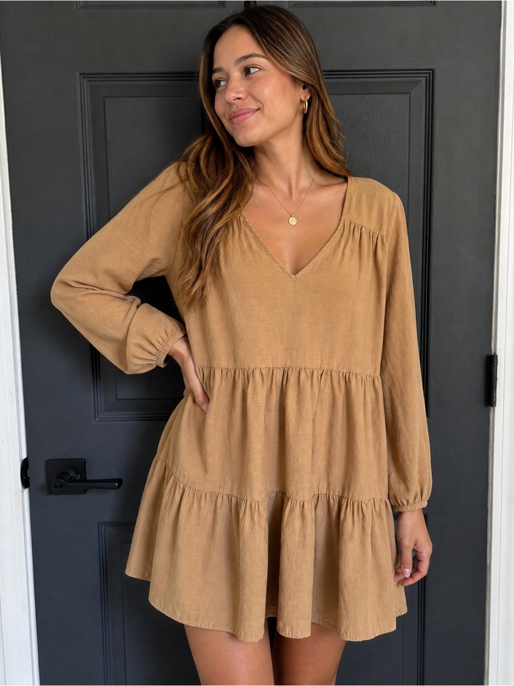 ZARA Camel Tiered Mini Dress Long Sleeve Size XS